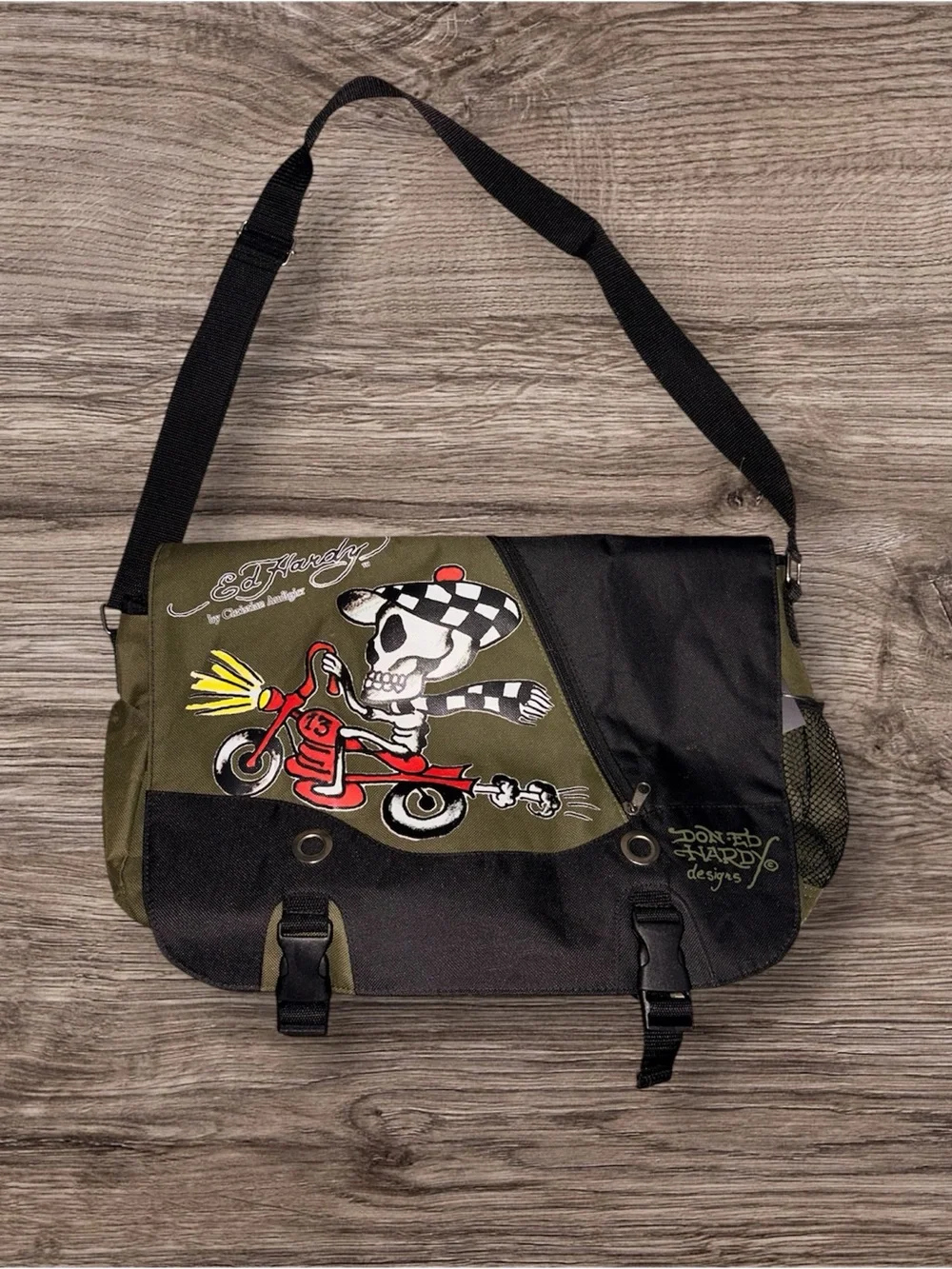 Ed Hardy Olive, Black & Red Skull Motorcycle Messenger Bag
